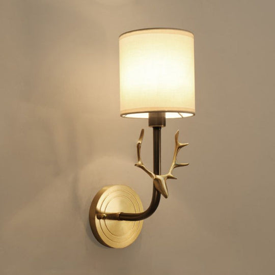 Modern 1/2 Lights Wall Sconce with Fabric Shade - Black/Gold Cylinder Wall Mount Fixture featuring Metal Antler