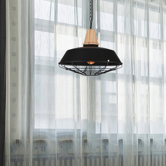 Metallic Retro Style Ceiling Hanging Pendant Light with Barn and Wire Guard, 1 Head, Black, 3 Sizes Available