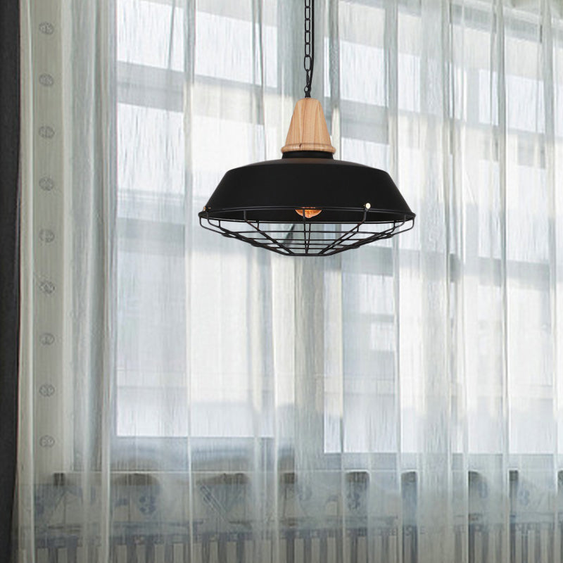 Metallic Retro Style Ceiling Hanging Pendant Light with Barn and Wire Guard, 1 Head, Black, 3 Sizes Available