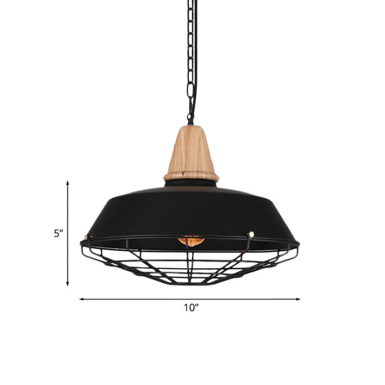 Metallic Retro Style Ceiling Hanging Pendant Light with Barn and Wire Guard, 1 Head, Black, 3 Sizes Available