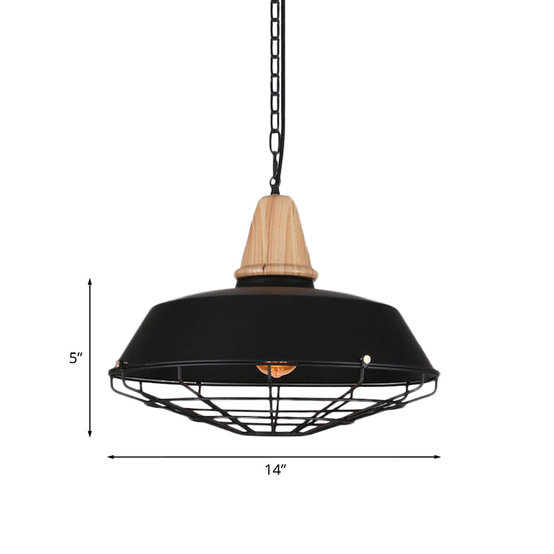 Metallic Retro Style Ceiling Hanging Pendant Light with Barn and Wire Guard, 1 Head, Black, 3 Sizes Available