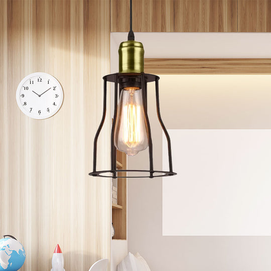 1-Bulb Bronze/Brass Suspended Metal Pendant Lamp - Mini Industrial Wire Cage Light for Living Room