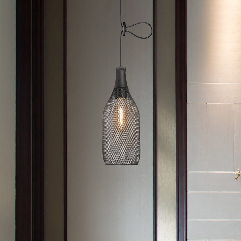 Industrial Black Wire Mesh Pendant Light with Height Adjustable Hanging Lamp for Dining Room