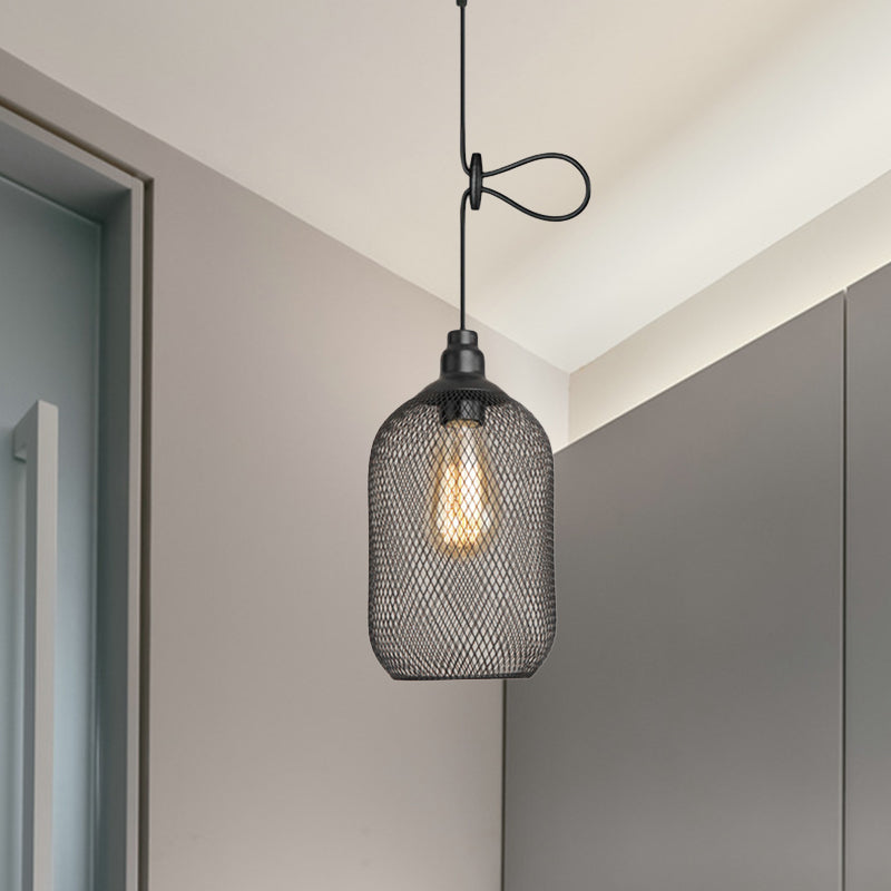 Industrial Black Wire Mesh Pendant Light with Height Adjustable Hanging Lamp for Dining Room