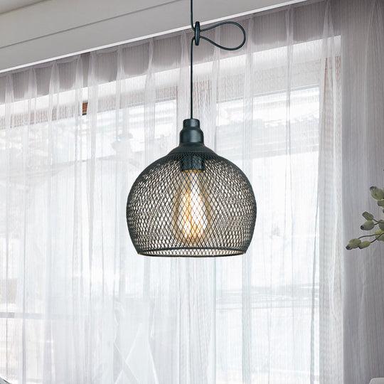 Industrial Black Wire Mesh Pendant Light with Height Adjustable Hanging Lamp for Dining Room