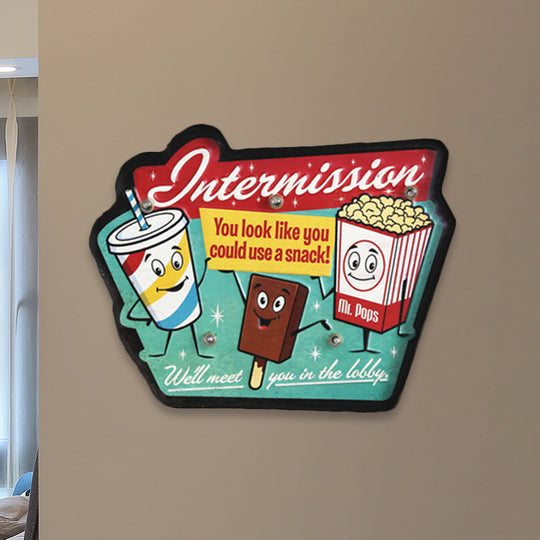 Retro Style Iron Green LED Wall Mounted Lamp - Ice Cream & Popcorn Sign Night Light for Shop