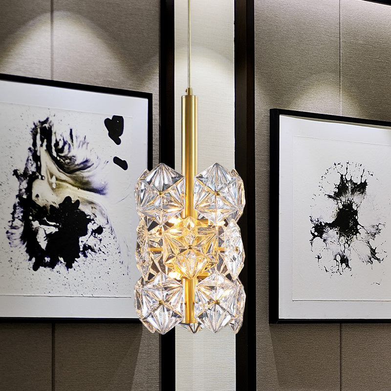Gold Hexagonal K9 Crystal Cylinder Pendant Light - Sleek Simplicity for Bedroom - 6-Bulb Hanging Lamp