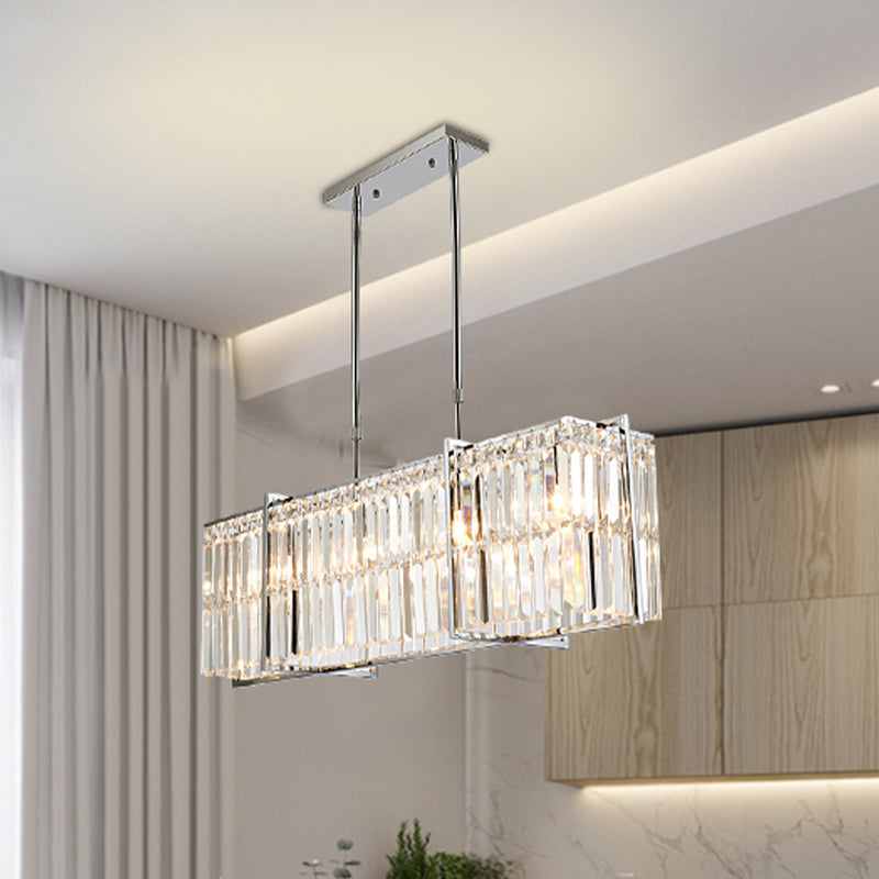 Modern Crystal Rod Island Pendant – Rectangular with 5 Lights, Chrome Finish