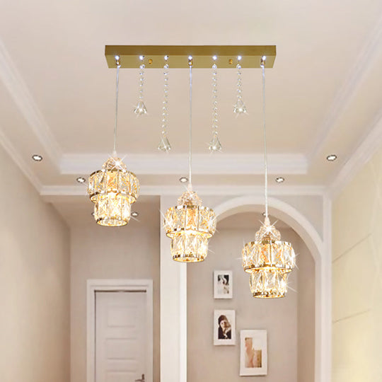 Crystal Cluster Pendant Light in Gold - 3 Lights, Modern Design for Corridors