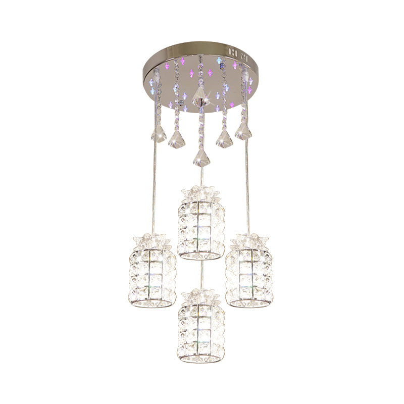 Minimal Cylinder Crystal Pendant Light with 4 Clear Lights for Dining Room - Chrome Finish