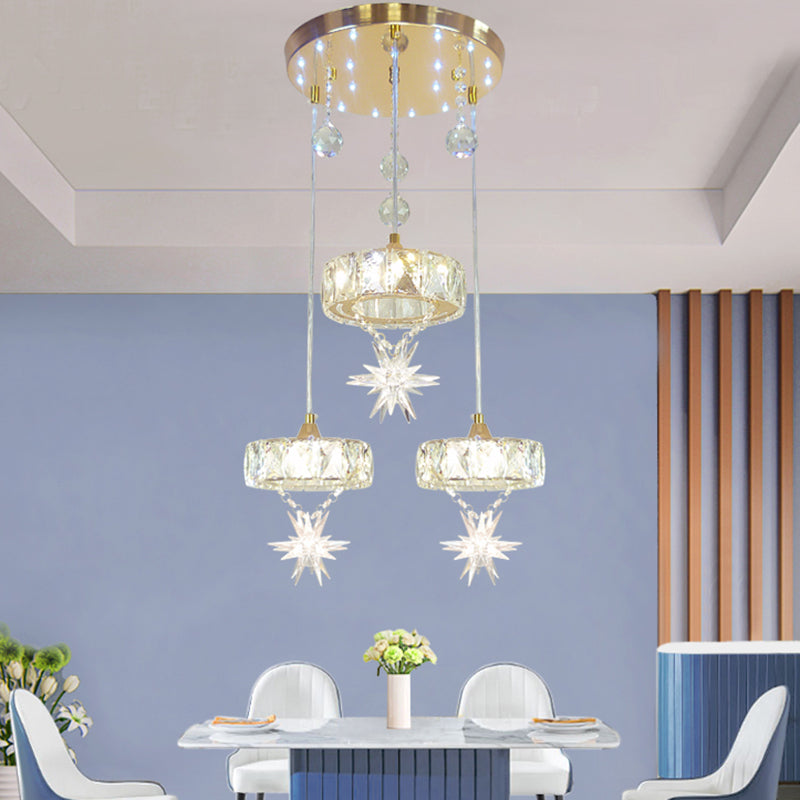 Gold Finished Crystal Pendant Light with Star Design - 3 Head, Simple Style