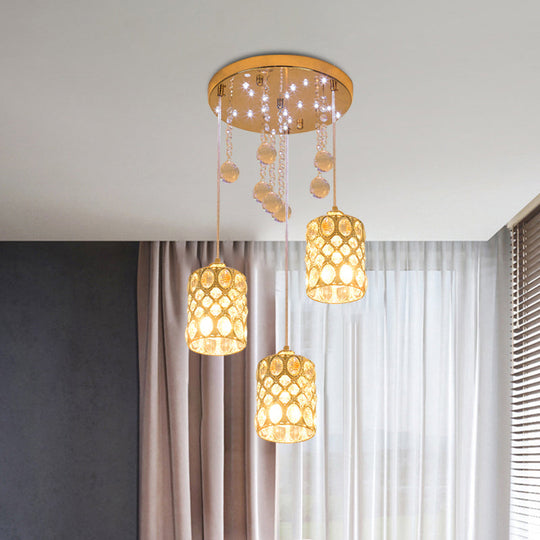 Gold Crystal Pendant Light with 3 Clustered Cylindrical Inserts for Bedroom