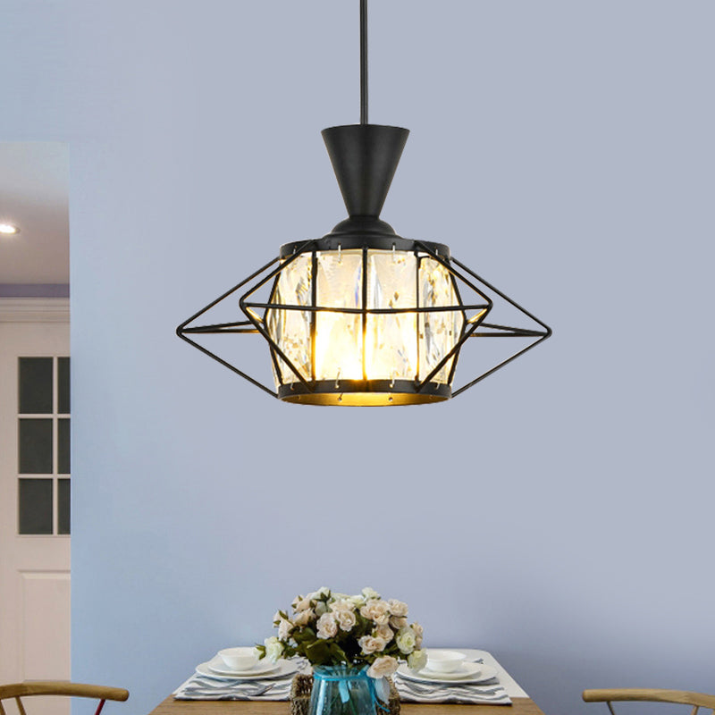 Modern Black/Gold Wire Cage Pendant Light with Crystal Drum Shade - Ideal for Dining Rooms
