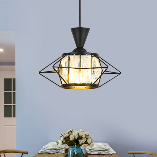 Modern Black/Gold Wire Cage Pendant Light with Crystal Drum Shade - Ideal for Dining Rooms