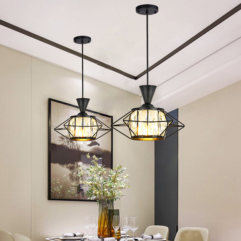 Modern Black/Gold Wire Cage Pendant Light with Crystal Drum Shade - Ideal for Dining Rooms