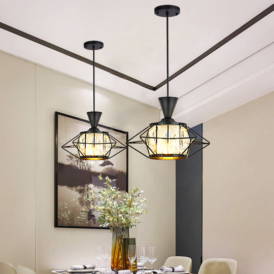 Modern Black/Gold Wire Cage Pendant Light with Crystal Drum Shade - Ideal for Dining Rooms