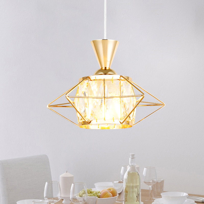 Modern Black/Gold Wire Cage Pendant Light with Crystal Drum Shade - Ideal for Dining Rooms