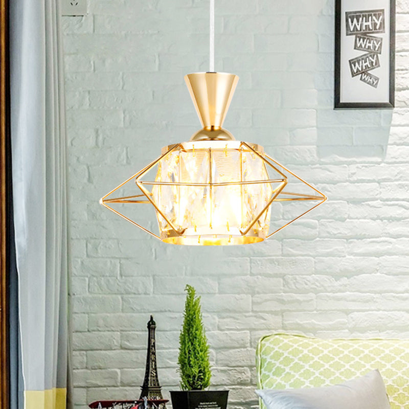 Modern Black/Gold Wire Cage Pendant Light with Crystal Drum Shade - Ideal for Dining Rooms