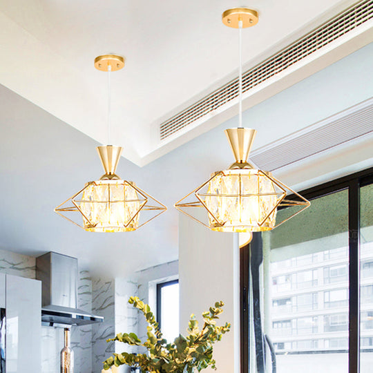 Modern Black/Gold Wire Cage Pendant Light with Crystal Drum Shade - Ideal for Dining Rooms