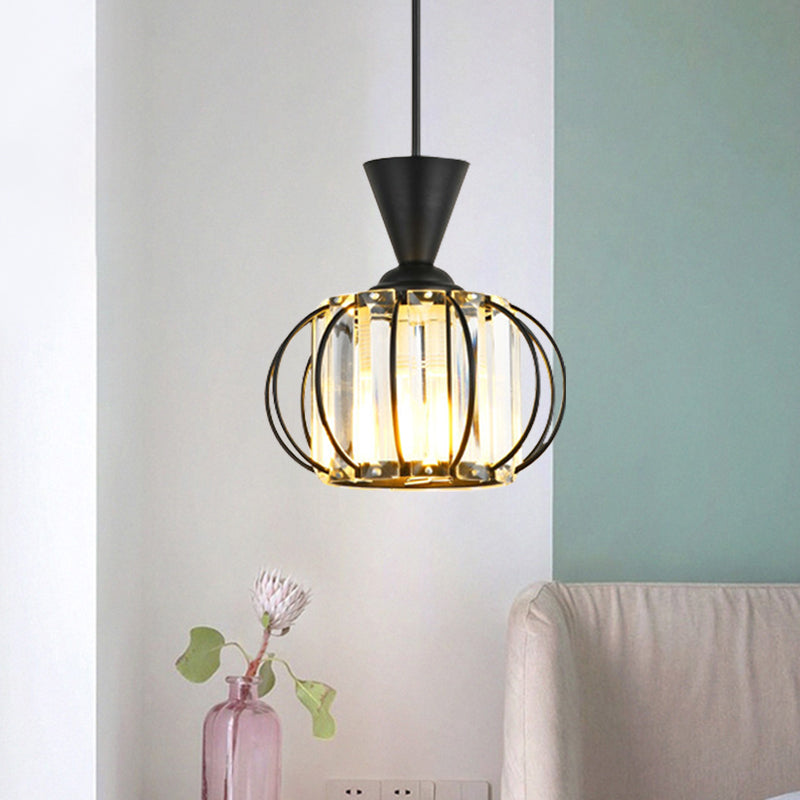 Modern Hanging Lamp Kit: Metallic Pendant Light with Crystal Drum Shade in Black/Gold - Perfect for Bedrooms