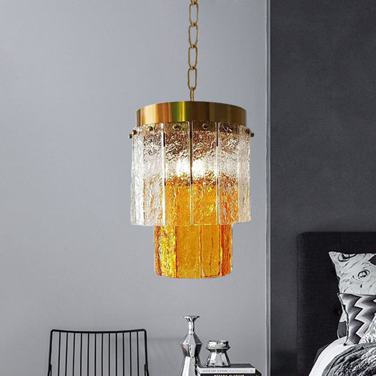 Minimal Style 2-Tiered Yellow Glass Pendant Lamp - Dining Room Hanging Light Fixture with Textured Glass