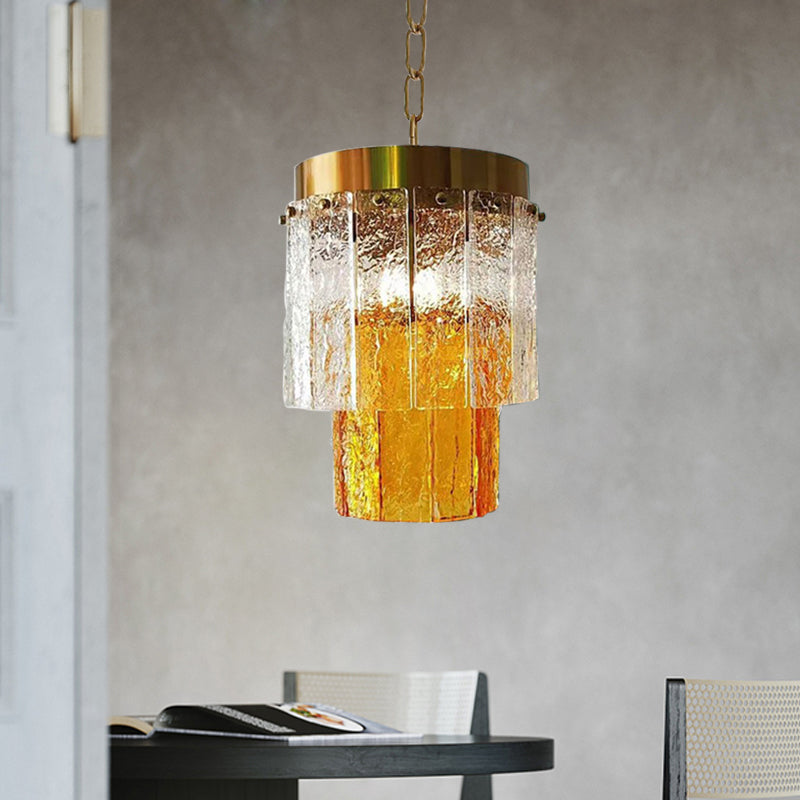 Minimal Style 2-Tiered Yellow Glass Pendant Lamp - Dining Room Hanging Light Fixture with Textured Glass