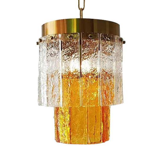 Minimal Style 2-Tiered Yellow Glass Pendant Lamp - Dining Room Hanging Light Fixture with Textured Glass