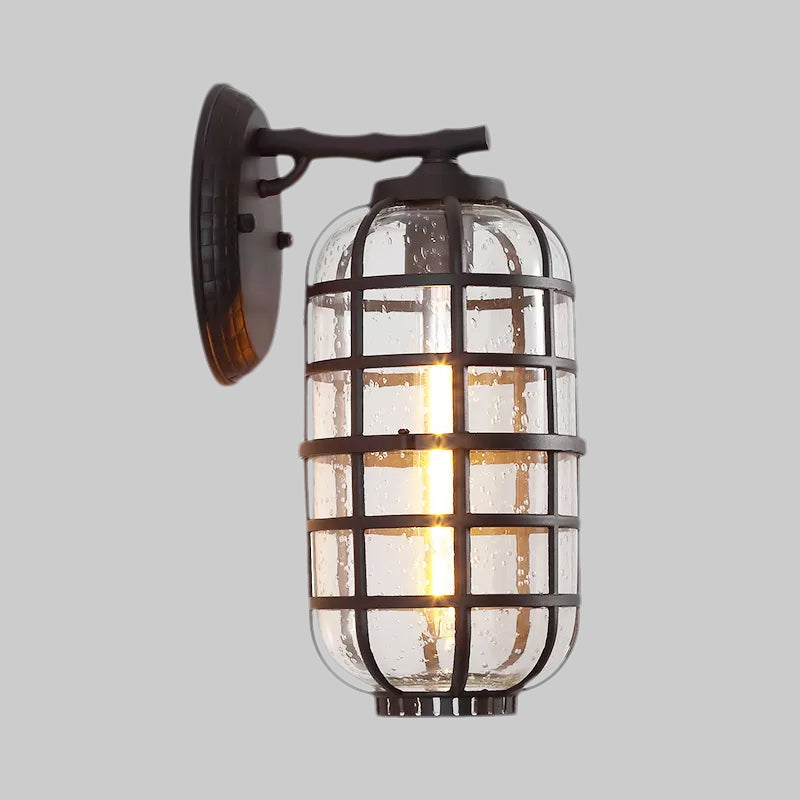 Industrial Wall Mounted Outdoor Lamp with Seedy Glass and Single Bulb in Black/Bronze, 5.5-8" Wide