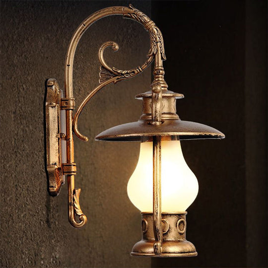 Frosted Glass Coastal Wall Mounted Lantern: Single Bulb Outdoor Sconce Light in Black/Aged Brass