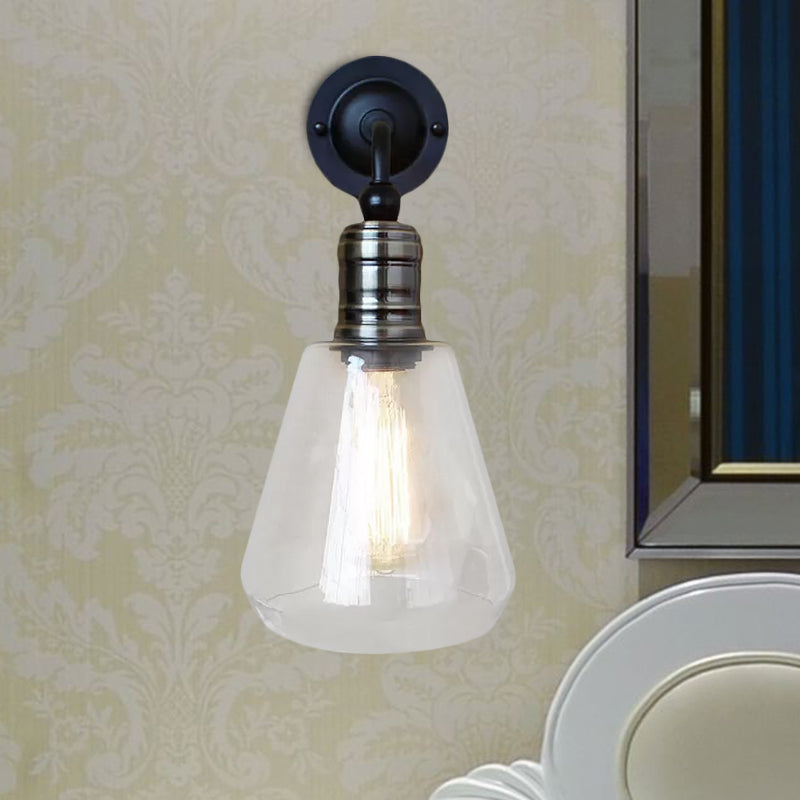 Rustic Single Bulb Clear Glass Wall Sconce Light in Black - Tapered Shade Design for Kitchen Decor