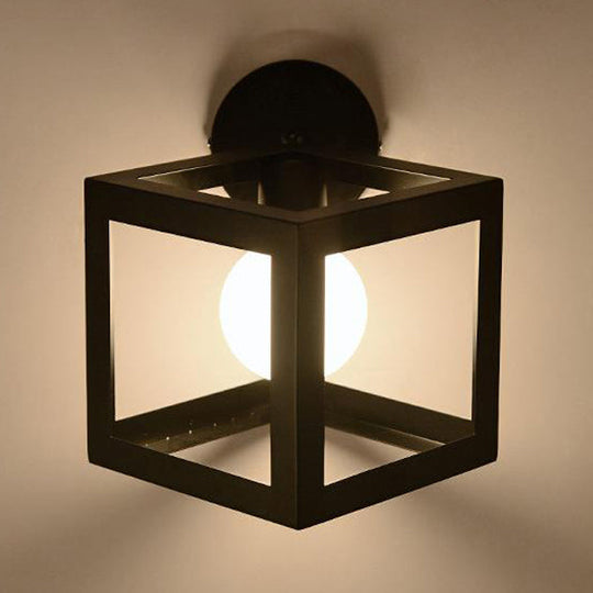 Industrial Metal Cubic Wall Light with Stylish Cage Shade - Black