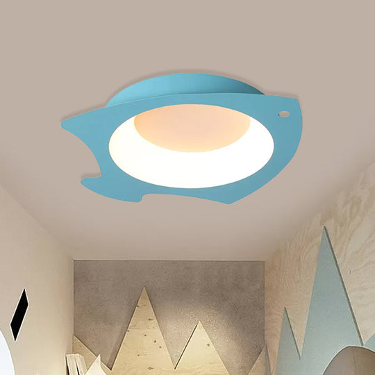 Blue Fish Flush Mount LED Ceiling Light for Kids Bedroom - Cartoon Style with Warm/White Light