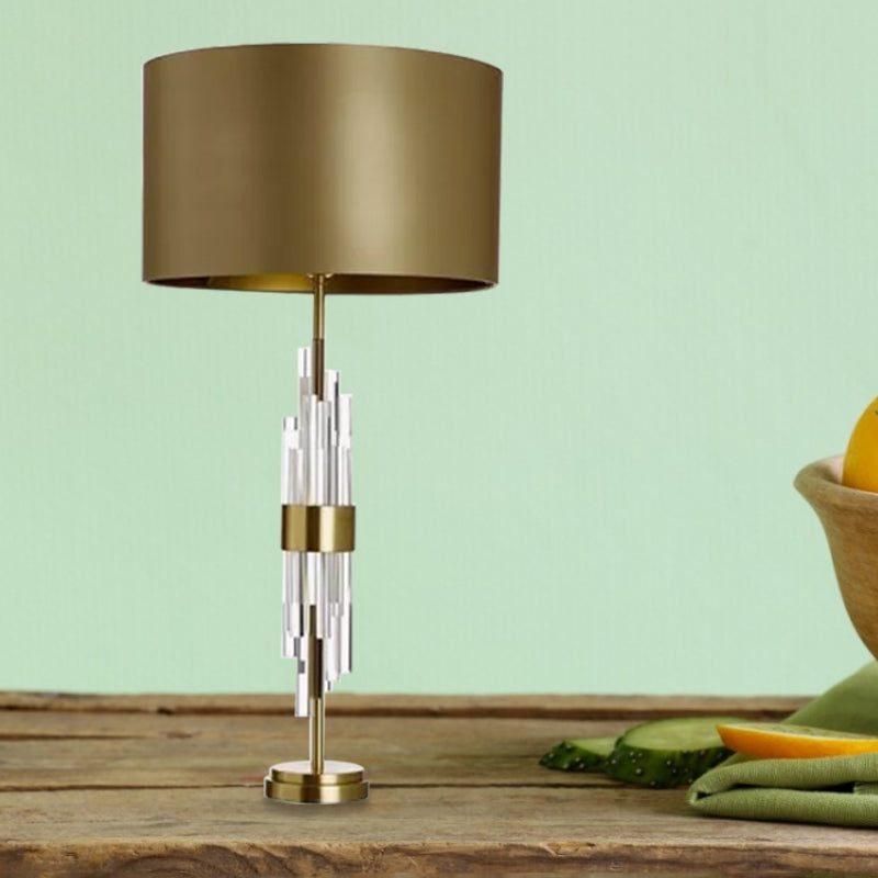 Minimalist Gold Drum Table Light - 1-Light 13"/15" Wide Nightstand Lamp with Crystal Accent