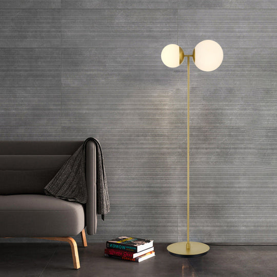 Opal Glass Standing Up Floor Lamp with 2-Head Bedroom Lighting in Gold