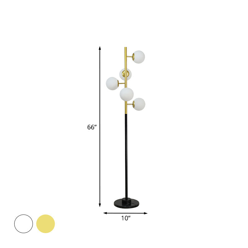 Modern Black-Gold Tree Floor Lamp with 5-Bulb Metal Stand and Beige/Milk White Glass Shade
