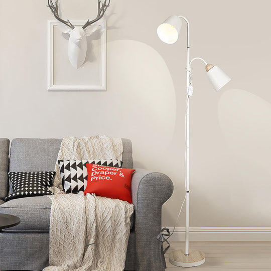 Nordic Style Metallic Standing Floor Lamp for Study Room - White, Trumpet-Like Design, 2 Bulbs Included
