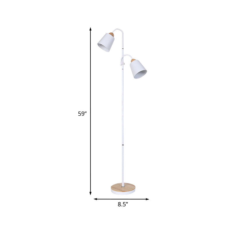 Nordic Style Metallic Standing Floor Lamp for Study Room - White, Trumpet-Like Design, 2 Bulbs Included