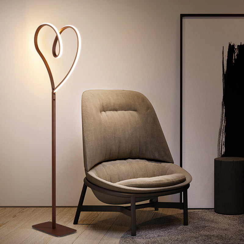 Modern LED Metal Floor Reading Lamp with Heart-Shaped Stand, Coffee Finish