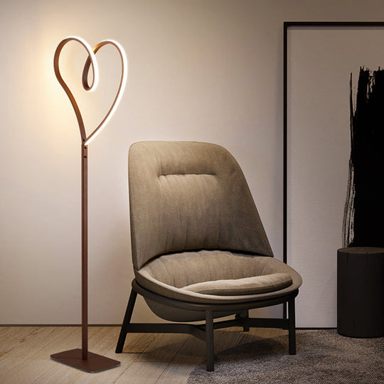 Modern LED Metal Floor Reading Lamp with Heart-Shaped Stand, Coffee Finish