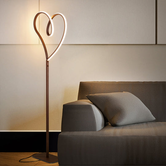 Modern LED Metal Floor Reading Lamp with Heart-Shaped Stand, Coffee Finish