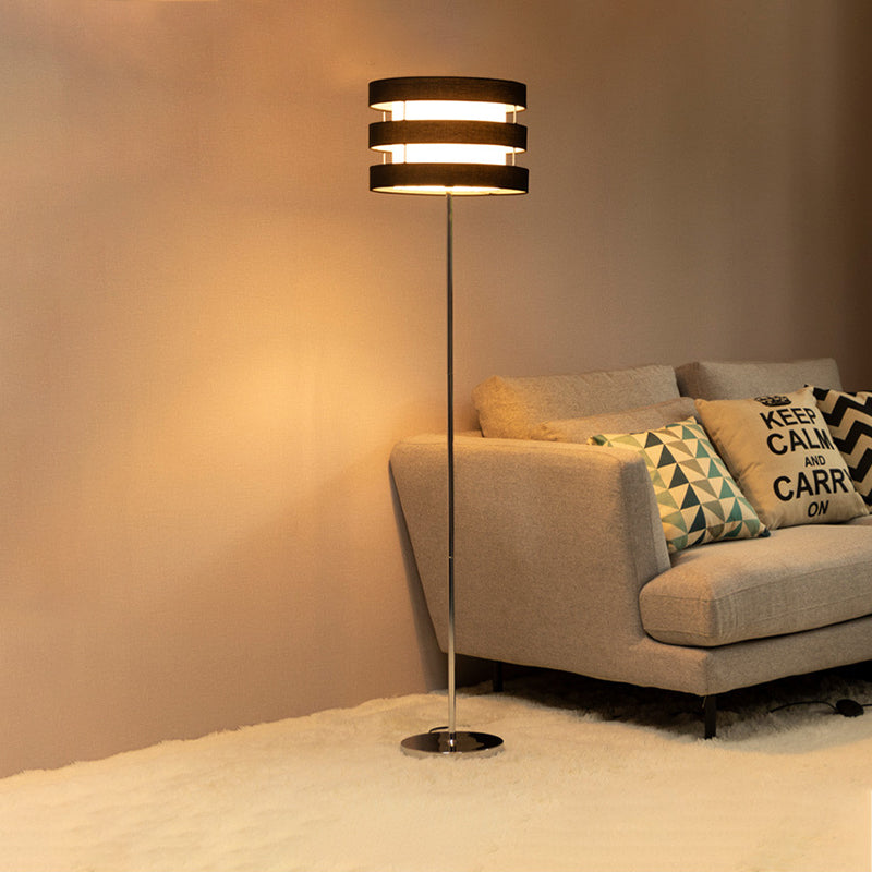 Modern Drum Cage Metal Floor Light - Black Finish 1-Light Floor Reading Lamp with Fabric Shade