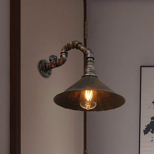 Farmhouse Style Antique Brass Wall Sconce with Metallic Cone & Pipe - 1 Head Dining Room Lighting