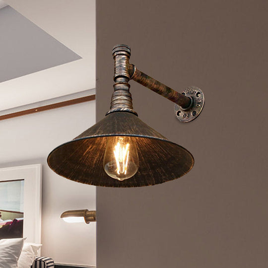 Farmhouse Style Antique Brass Wall Sconce with Metallic Cone & Pipe - 1 Head Dining Room Lighting