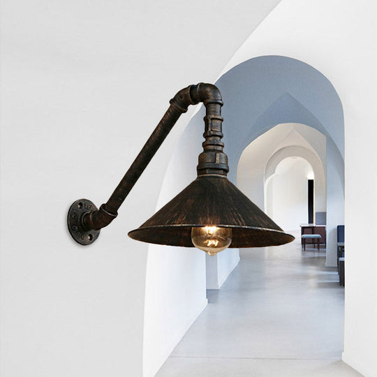 Farmhouse Style Antique Brass Wall Sconce with Metallic Cone & Pipe - 1 Head Dining Room Lighting
