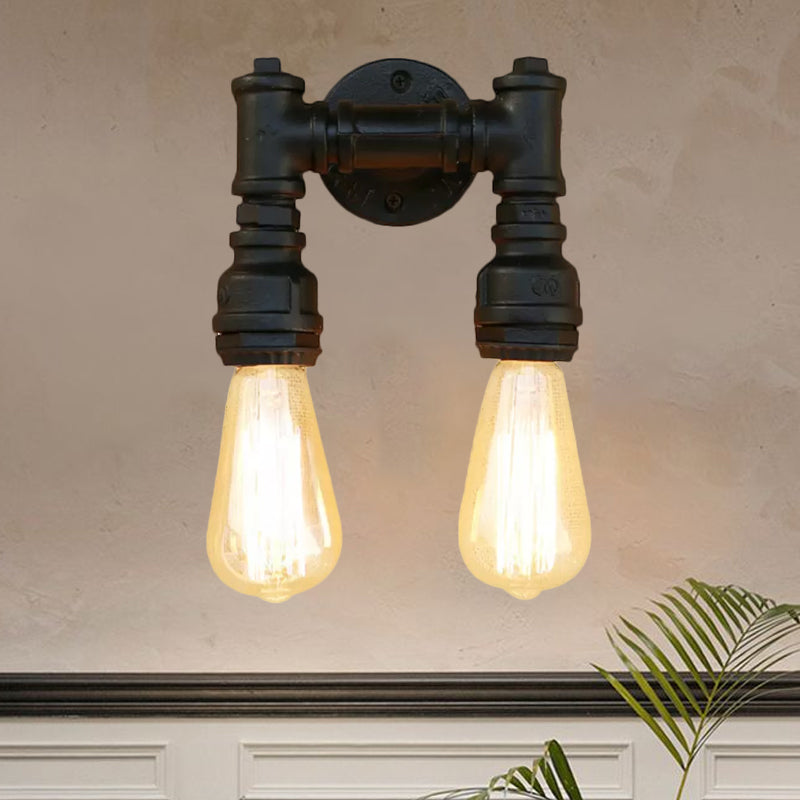 Vintage Industrial 2-Light Wall Sconce with Water Pipe Décor in Black/Antique Brass