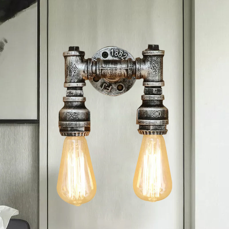 Vintage Industrial 2-Light Wall Sconce with Water Pipe Décor in Black/Antique Brass