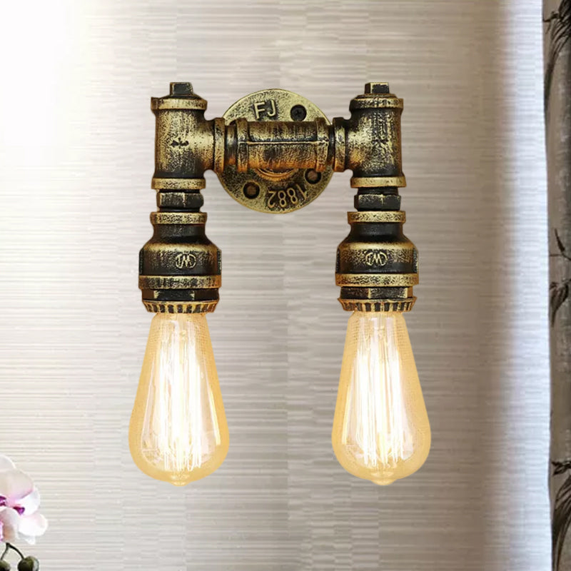 Vintage Industrial 2-Light Wall Sconce with Water Pipe Décor in Black/Antique Brass