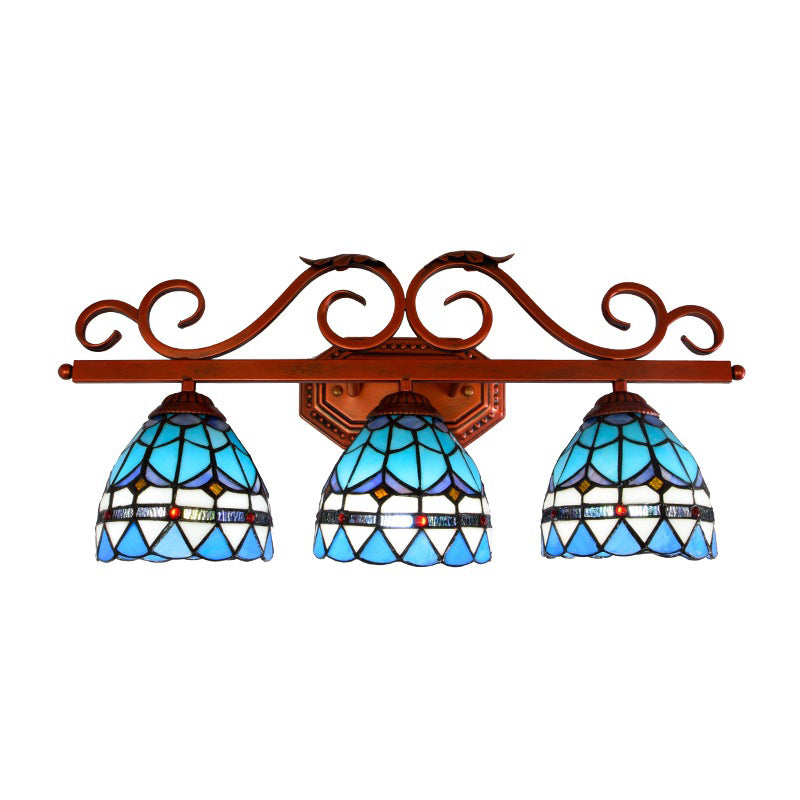 Blue Glass Bell Vanity Wall Light with Mediterranean Style and Copper Scroll Arm - 3 Bulbs Sconce Lighting