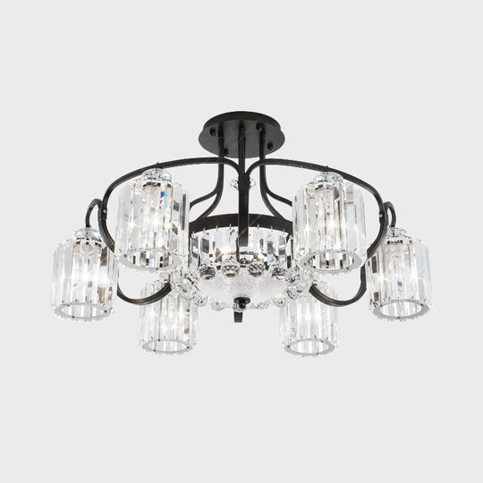 Modern Black Crystal Ceiling Lamp with Clear Cylindrical Shade - Semi Mount, 4/8 Heads Dining Room Lighting Fixture