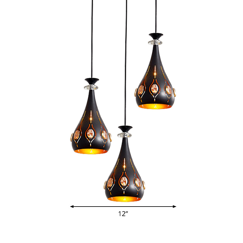 Modernist Metallic 3-Head Black Pendant Light for Dining Room - Globe/Oval/Waterdrop Cluster Design